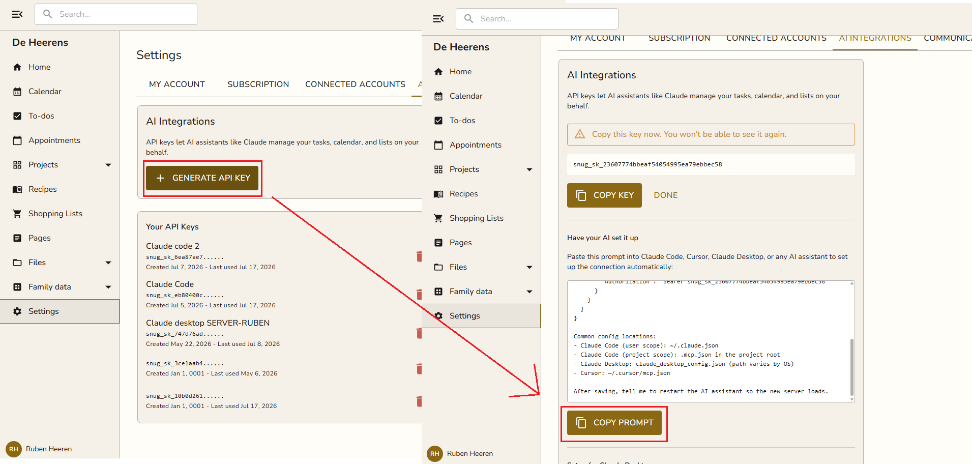 Generate an API key, then click Copy prompt